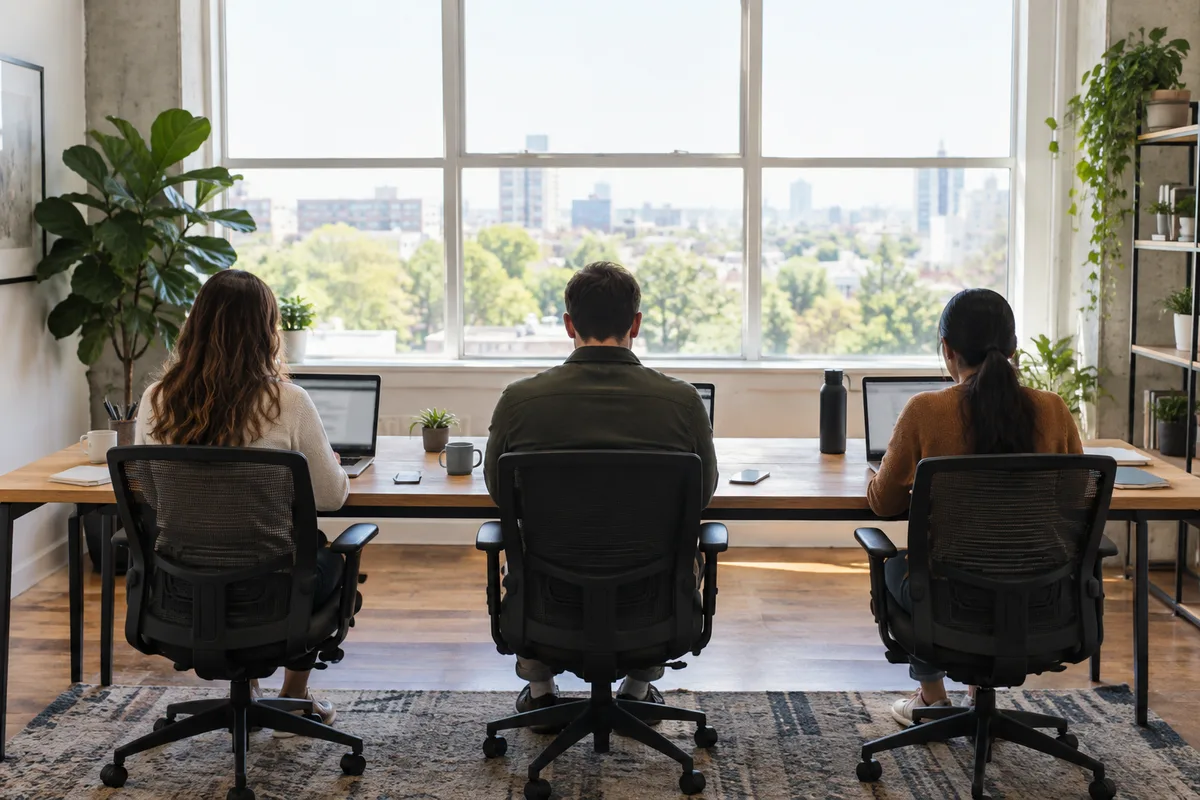 Petite équipe de bureau vue de dos travaillant sur des ordinateurs portables alignés