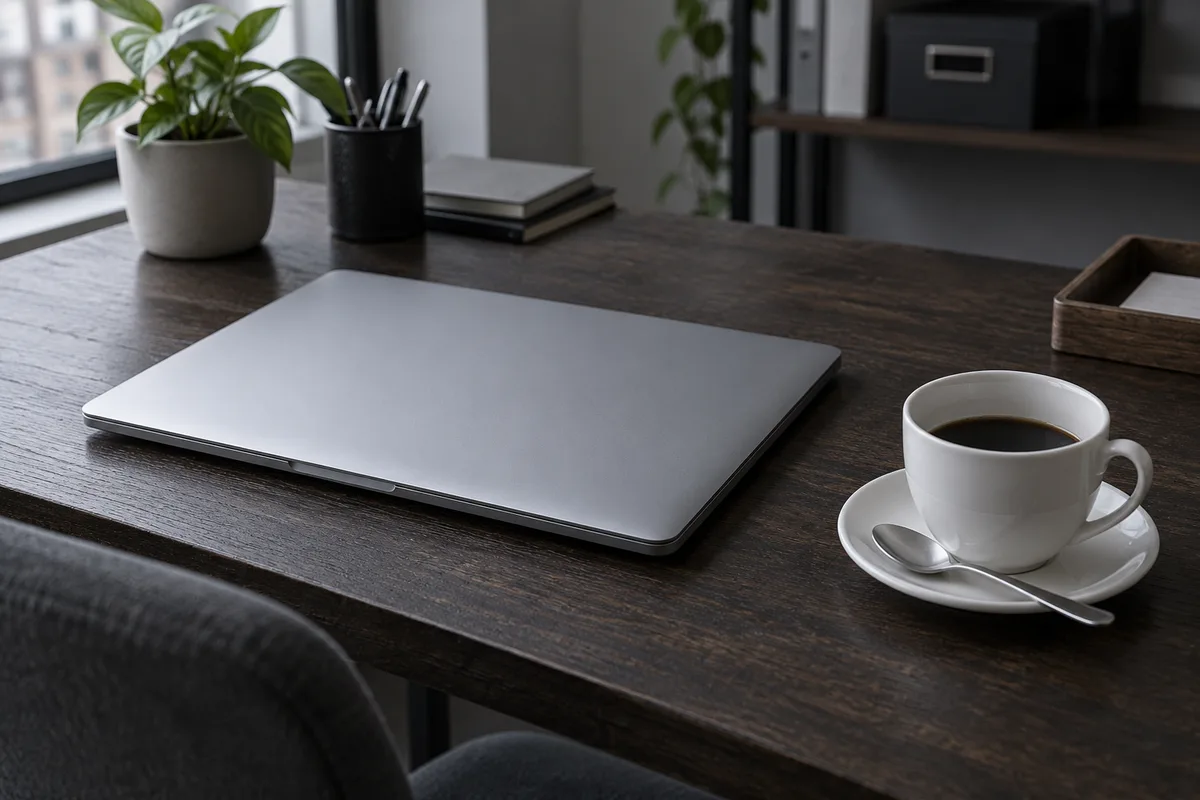 Ordinateur portable fermé sur un bureau à côté d&rsquo;une tasse de café refroidie