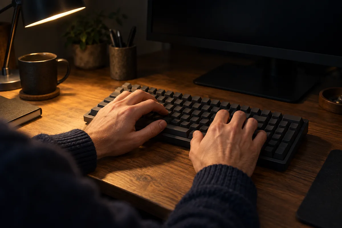 Mains posées sur un clavier dans un bureau sombre éclairé par une lampe