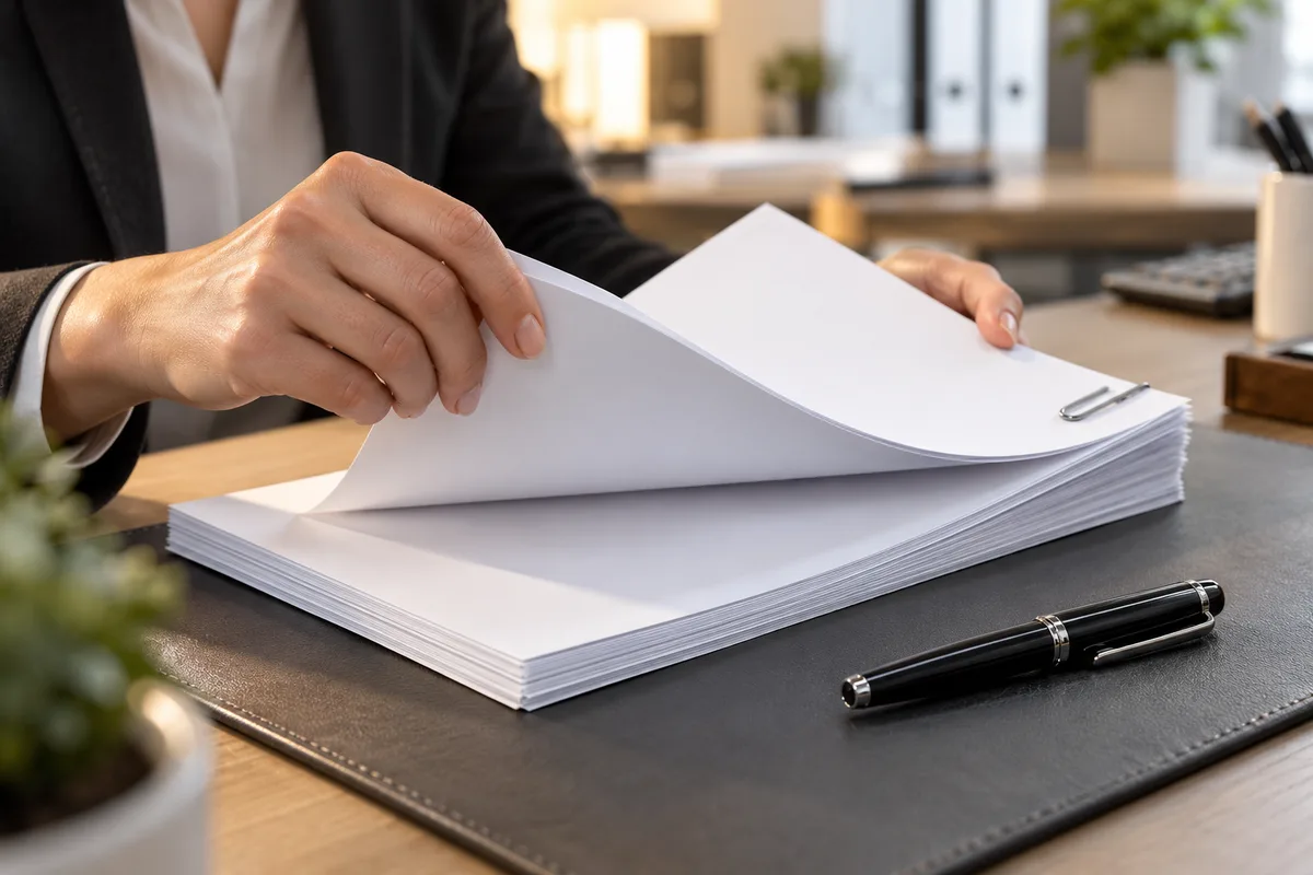 Mains feuilletant des factures vierges vues de biais sur un bureau de service comptable