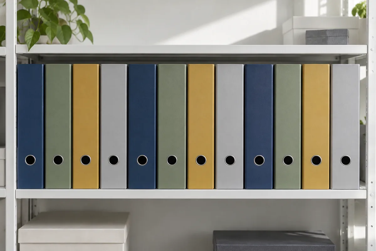 Rangée de classeurs fermés de couleurs unies alignés sur une étagère de bureau