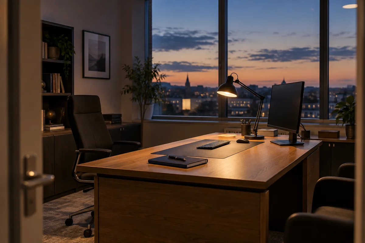 Bureau de gestionnaire au crépuscule avec une lampe allumée et un écran éteint