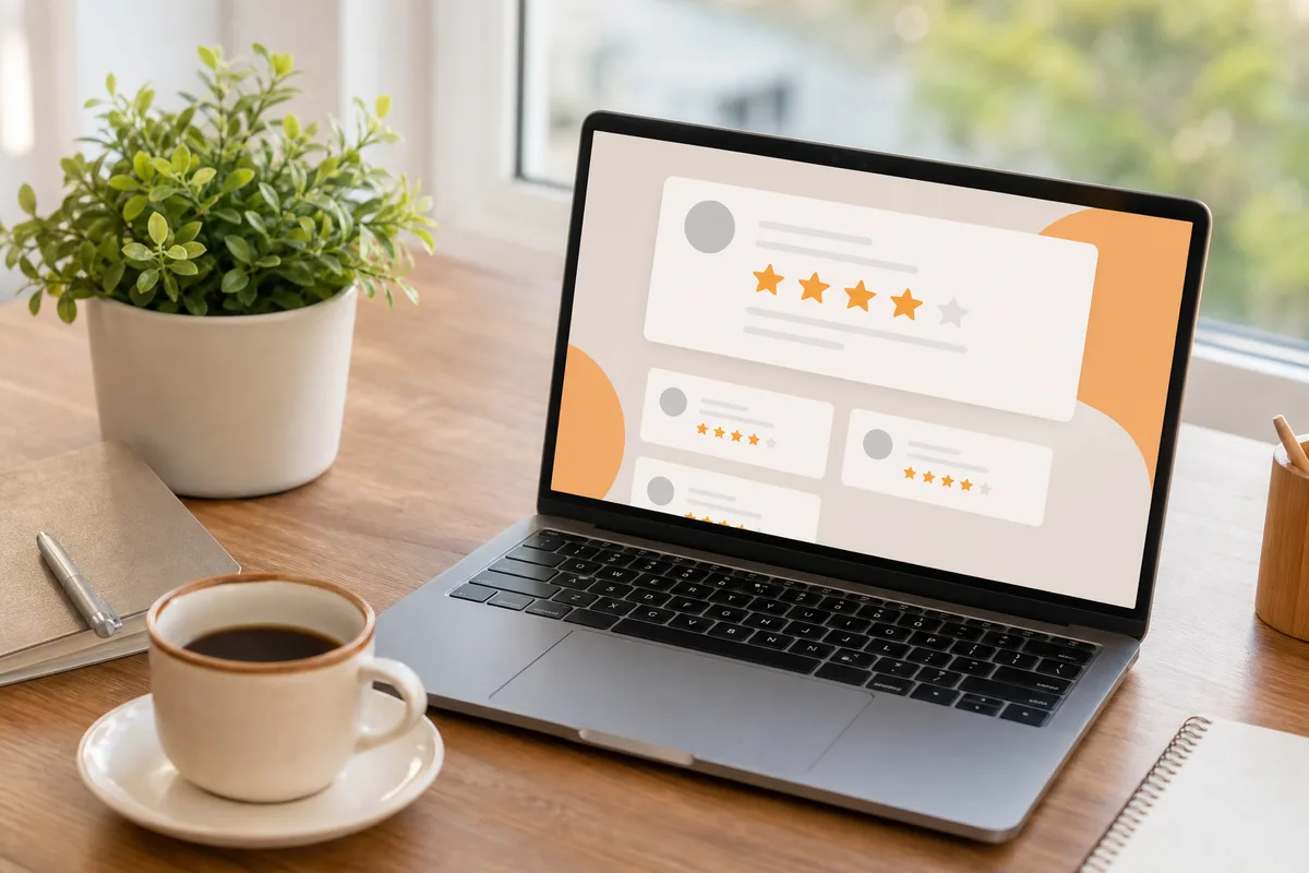 Bureau lumineux avec une tasse de café, une plante verte et un ordinateur affichant une interface d&rsquo;avis clients étoilée sans texte lisible